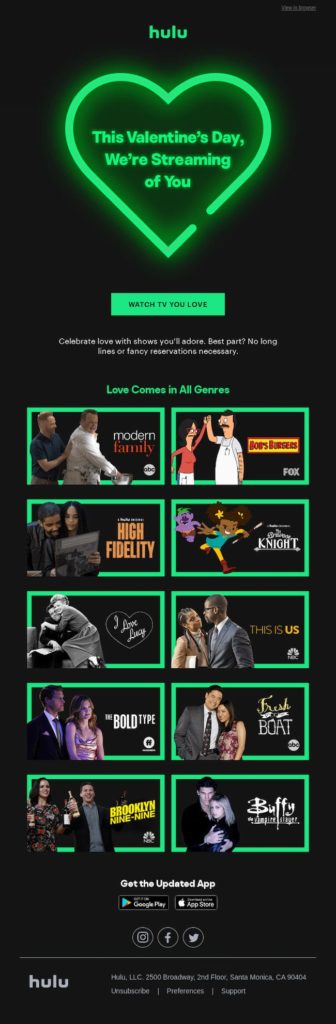 Ejemplo de campaña de email original por San Valentin de Hulu